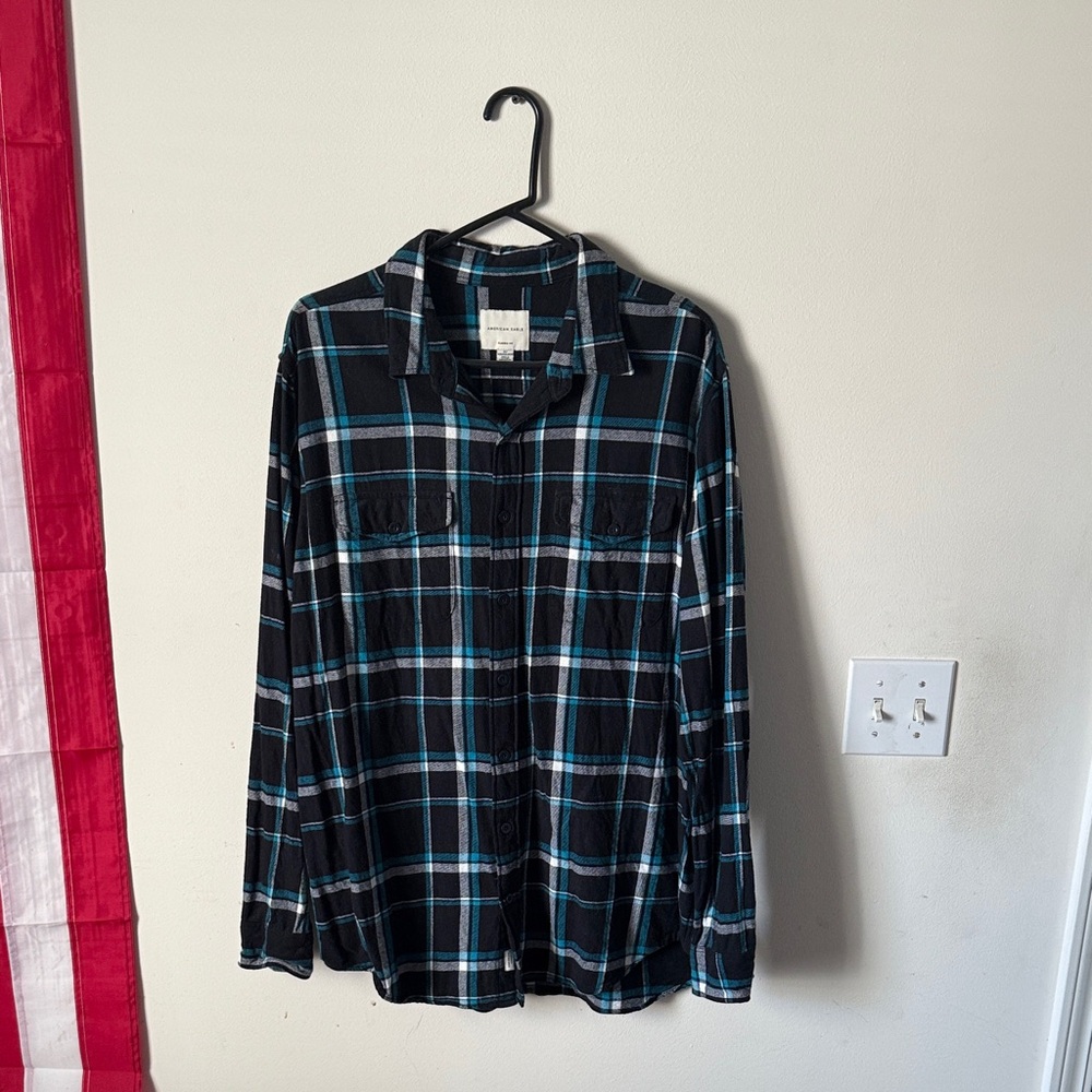 American Eagle Outfitters Black and Blue Plaid Shirt